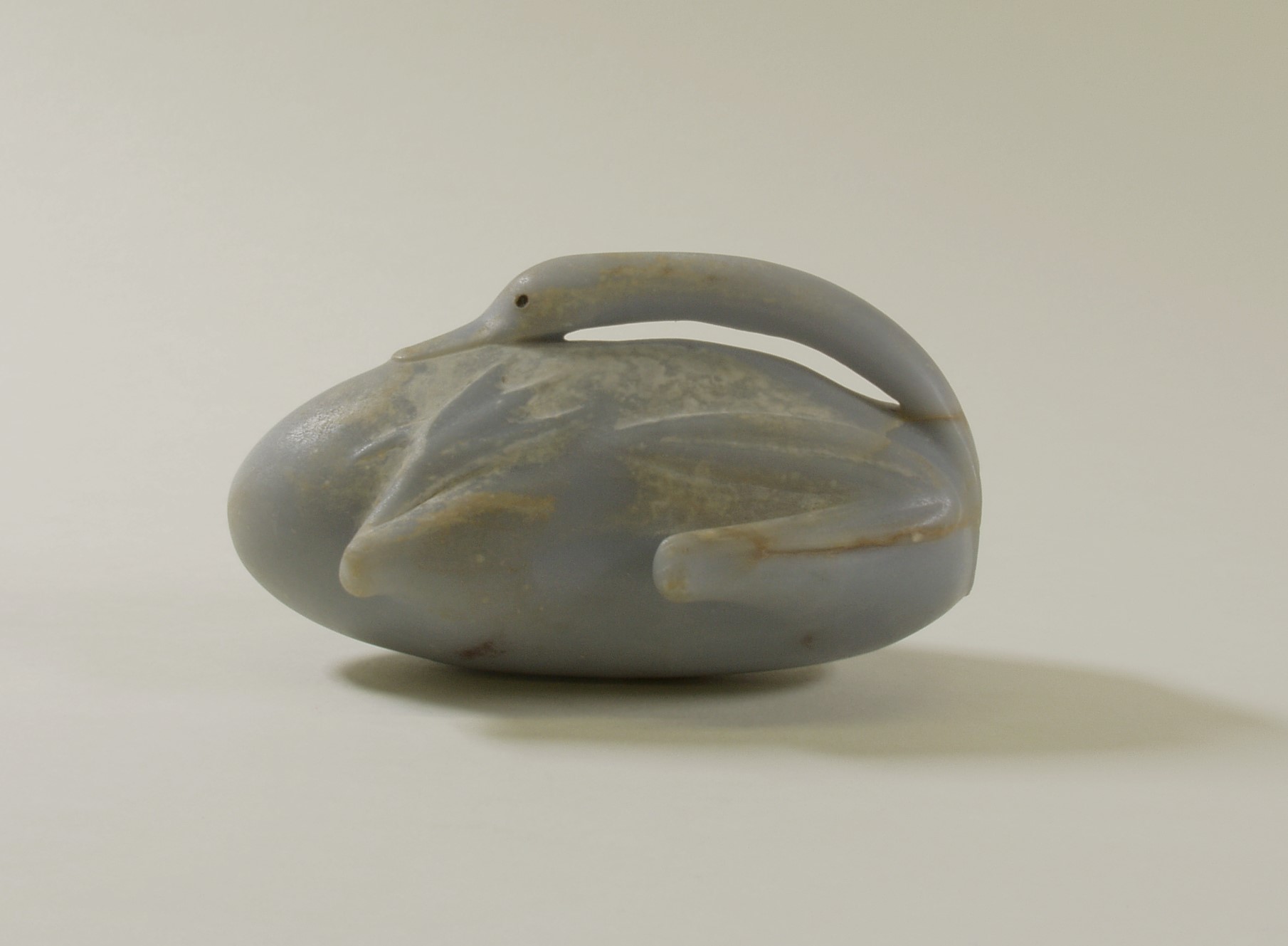 Anhydrite cosmetics flask in the form of a trussed duck dating to the 2nd Intermediate Period